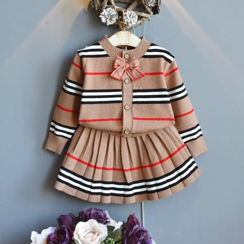 Baby Girl Clothes Set Autumn Winter 2021 New Fashion Striped Sweater Suit Cute Bow Knitted Two-piece 3-7 Years Kids Clothing
