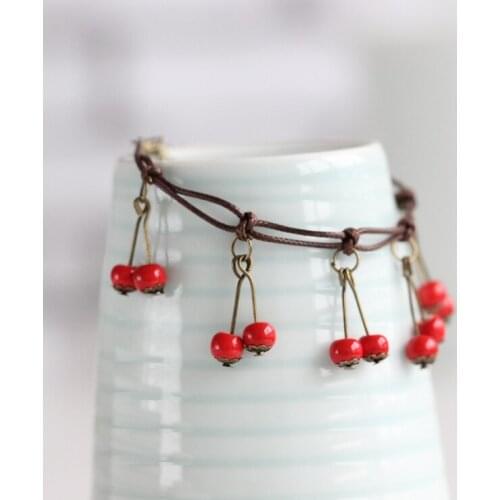 Fashion cute Women Cherry Bracelets Handmade Red Ceramic Bead Pendant Boho Rope Jewelry Girl Gift Adjustable