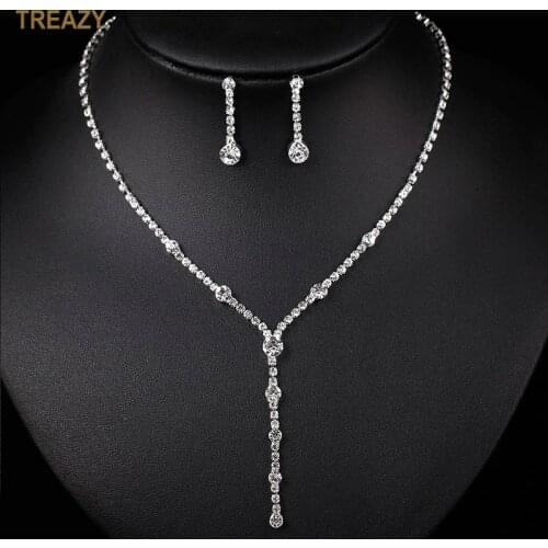 Simple Silver Color Rhinestone Crystal Long Drop Necklace Earrings Sets for Women Bridal Bridesmaid Wedding Jewelry Sets