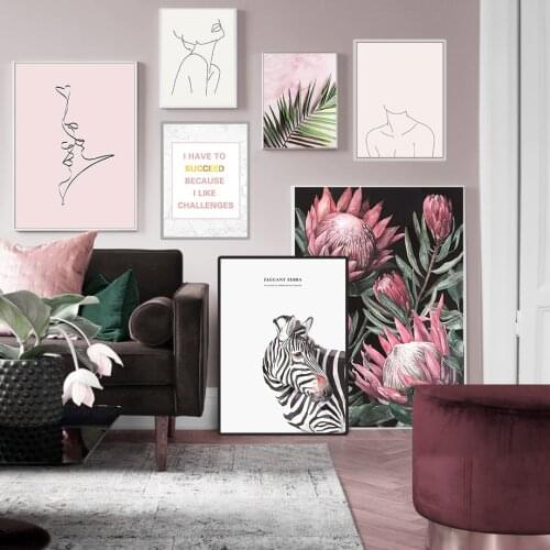 Pink Floral Creative English Zebra Leaf Nordic Canvas Painting Art Abstract Print Poster Picture Wall Home Decoration