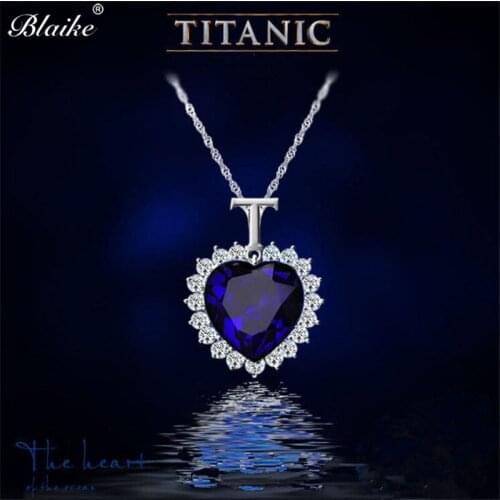 Blue Crystal Zircon Necklace Titanic Ocean Heart Pendant Necklace Vintage Fashion Silver Color Chain Necklaces For Women Wedding