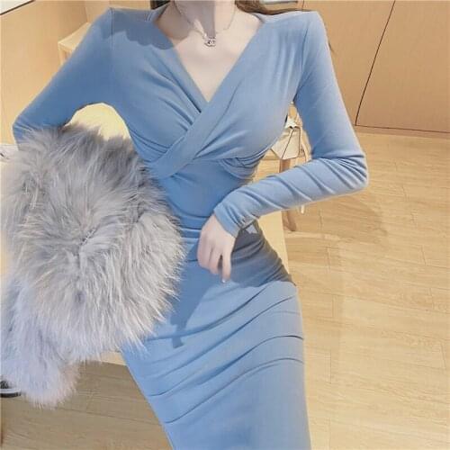 WOMENGAGA Cross V-neck Long Sleeve Slim Mermaid Dress Korean Fashion Solid Color Mid-length Dresses For Women AB03
