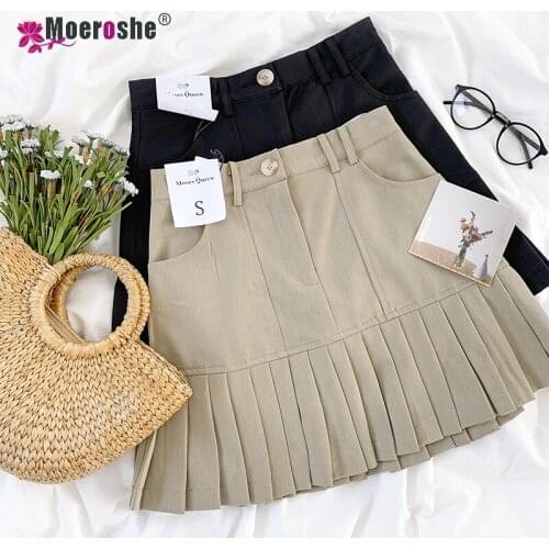 Moeroshe Pleated High Waisted A-Line Mini Skirts Women Khaki Streetwear Summer Skirt Woman Casulal Solid Skirts Womens 2021 Club