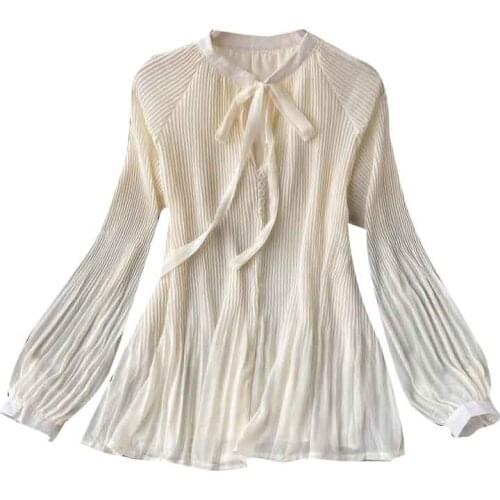 Women Fashion Lace-Up Bow Collar Tops Autumn 2021 New Ladys Shirt Chic Pleated Chiffon Blouse Solid Color Elegant