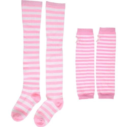 Women Anime Gloves Socks Set Fashion Striped Thigh High Stockings with Pinstripe Fingerless Arm Sleeves Party Cosplay Costumes