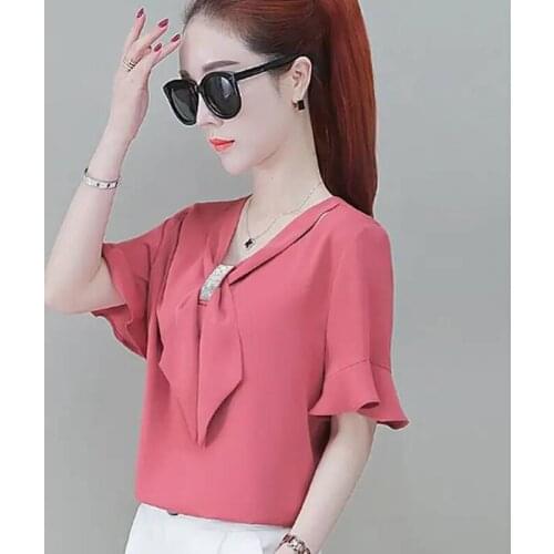 Women Spring Summer Style Chiffon Blouses Shirts Lady Casual V-Neck Short Flare Sleeve Purple Blusas Tops ZZ0299