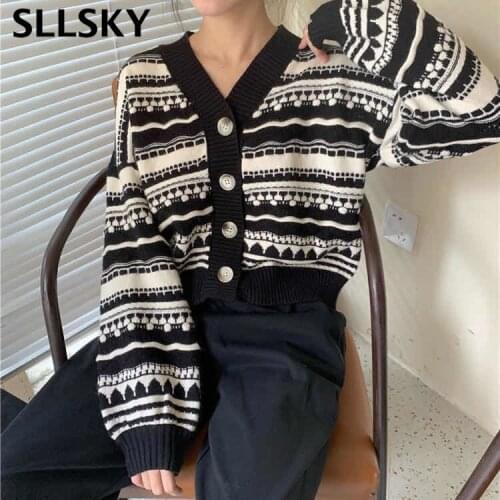 Sllsky Black White Stripe Women Sweater Cardigans Single Breasted Knitted Cardigans Korean Long Sleeve Loose Women Sweater Tops