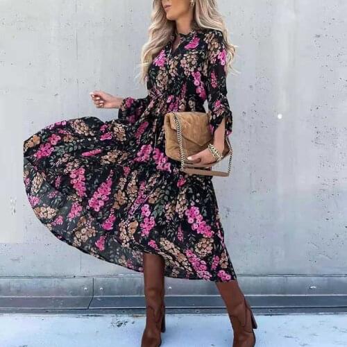 2021 Autumn Sexy V-neck Fashion Print Lace-up Long Sleeve Womens Dress Sweet Elegant Irregular Dress Casual Chic Party Dress