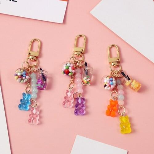 1Pcs Rainbow Bear Fruit Pendant KeyChain KeyRing For Women Gift Fashion Cute Heart Bottle Gummy Bear Beads Bag Car Keychain K52