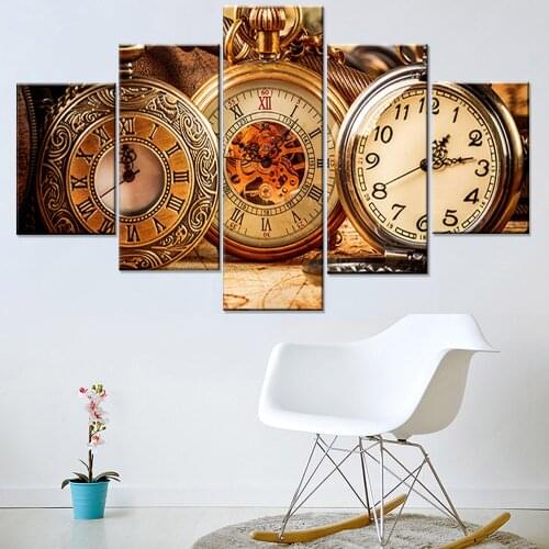 5 Pieces Wall Art Canvas Painting Retro Pocket Watch Poster Modern Living Room Pictures Home Decoration Modular Framework