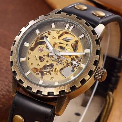 SHENHUA Men Watches Vintage Bronze Automatic Mechanical Skeleton Wrist Watches Men automatic self wind Watch relogio masculino