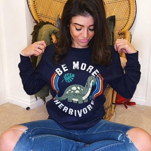 Calelinka 2021 Spring Be More Herbivore Cartoon Dinosaur Print Cute Female Jumpers Long Sleeve Round Neck Casual Sweatshirts