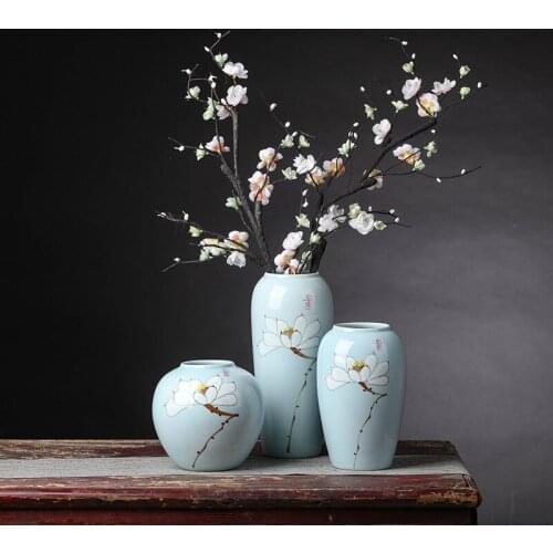 China Blue Porcelain Lotus Blossom 3pcs A Set Ceramic Flower Vase For Home Decor Hydroponics Flower Pot