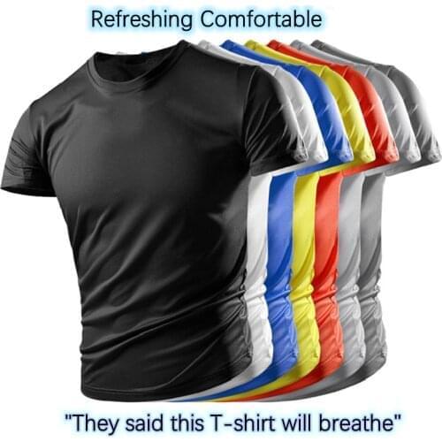 The New Mens Ice Silk short-sleeved T-shirt Quick-drying Clothes Summer Solid Color Mesh Breathable Plus Size Sportswear