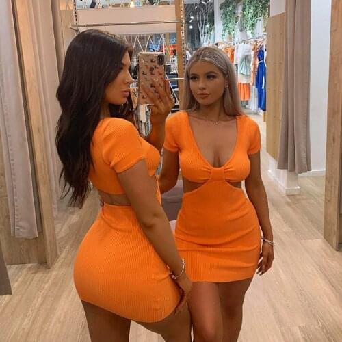 Hirigin Orange Short Sleeve Bodycon Dress Mini Women Hollow Out Summer Backless Knit Holiday Black Sexy Beach Dresses Party