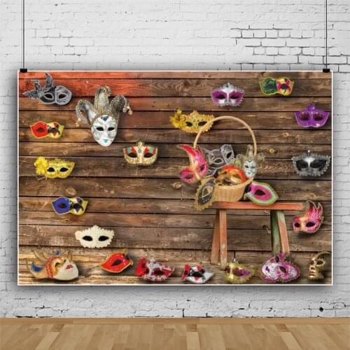 Brown Wooden Board Carnival Balloon Feather Masquerade Theme Backdrops Photo Background Decorations for Photography Props