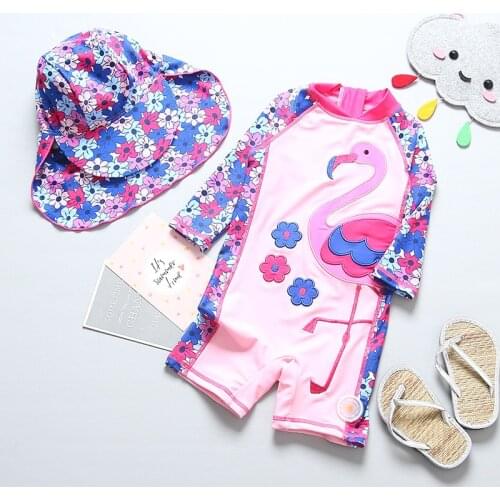 Children Girls Swimsuits Lovely Water Play Children Sunscreen Diving Beahwear One Piece with Cap Girl Sunscreen Clothes Swimwear