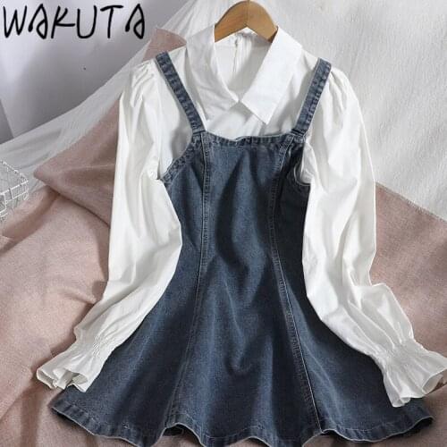 WAKUTA Patchwork Spring Sweet Gilrs Dress Korean Fashion 2021 New Patchwork Long Flare Sleeve High Waist Denim Short Dresses