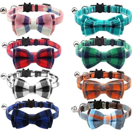 Cute Bowtie Cat Collar Breakaway with Bell Plaid Collar Set for Kitty Puppy Adjustable 7.8-10.2"