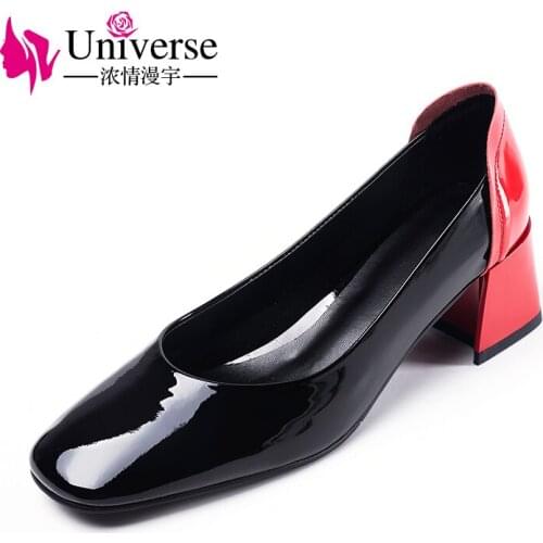 Genuine leather middle heel fashion square toe women pumps Universe black red 5.5cm block heel office dress shoes J011