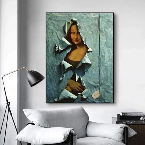 Mona Lisa By Blue Paper Canvas Painting Spoof The Famous Posters and Prints Wall Art Pictures for Living Room Home Decoration