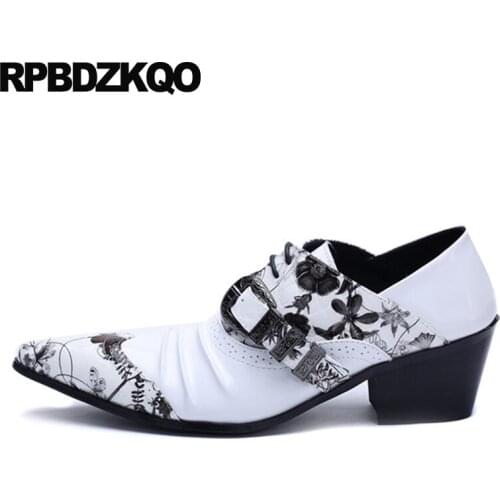 High Heel Men Pointed Toe Dress Big Size Flower Handmade Leather Shoes Monk Strap Oxfords Floral White Printed Italy Metal