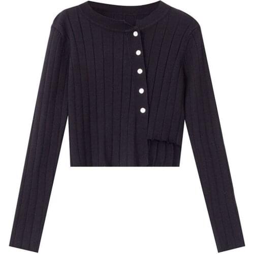 Pneime Autumn New WomenS Cardigan Fashion Simple Irregular Long-Sleeved Blouse Pullover Short Knit Sweater