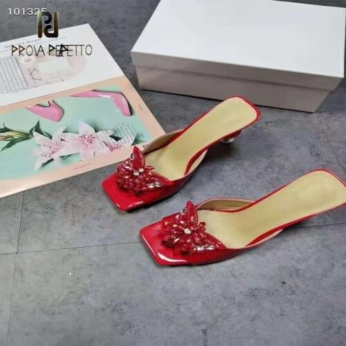 Rhinestone Sequined Bowknot Outer Wear Sandals and Slippers with Square Toe Red Patent Leather Crystal Heterosexual Heel Sandals