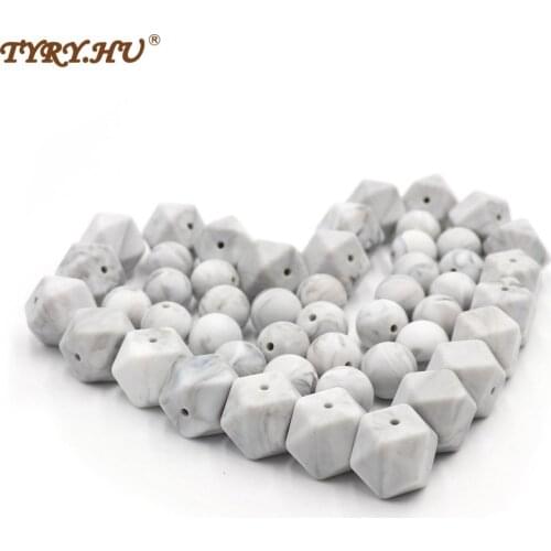 TYRY.HU Original 20pc Marble Color Teething Beads 17mm Hexagon /15mm Round Silicone Beads Chewable Food-Grade Teether Loose Bead