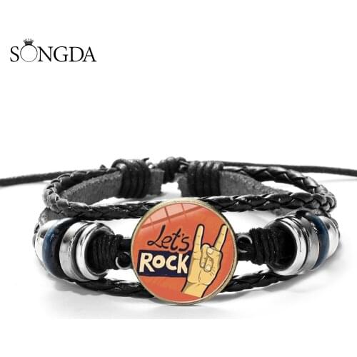Hip Hop Jewelry Rock Hand Gesture Charm Bracelet Hand Craft Glass Photo Dome Punk Wrap Leather Wristband Rockin'Rock Gift
