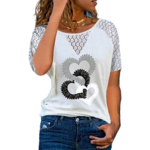 Summer Top Tees Women Casual Round Neck T-Shirt Lace Patchwork Hollow Out Short Sleeve Heart Print Shirt Ladies White Tops