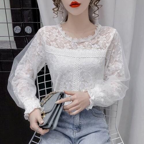 Mesh Lace Vintage Blouse Women White Lady Long Sleeves Female Loose 2021 Spring new Korean Womens Lace Women Shirts 525i