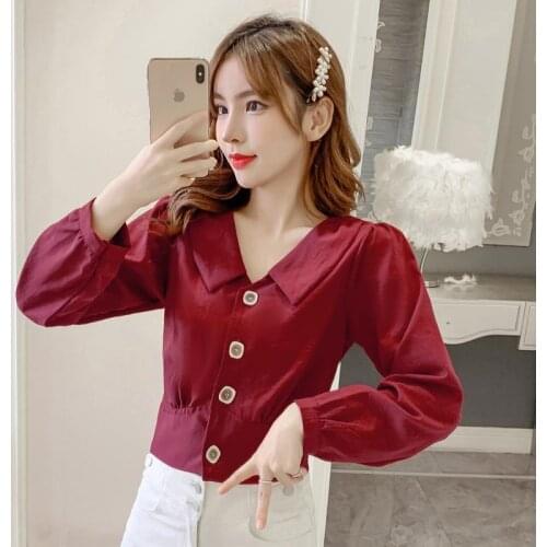 Autumn Back Shirt Womens Doll Collar High Waist Short Shirt Womens Long Sleeve Blouse Women Blusas Ropa De Mujer