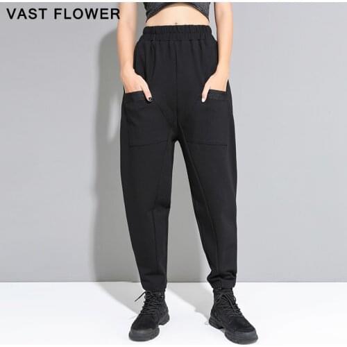 Black High Waist Harem Pants Women 2021 Spring Autumn Elastic Waist Pockets Spliced Loose Casual Trousers Fashion Streetwear