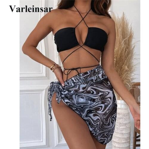 3 PCS With Sarong Micro Thong Halter Bikini Female Swimsuit Women Swimwear Three-piece Bikini set Bather Bathing Suit Swim V3111