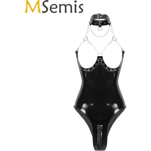 MSemis Women Sexy Open Cups Bodysuit Wet Look Patent Leather Lingerie Halter Neck Metal Chain Catsuit Zippered Crotch Nightwear