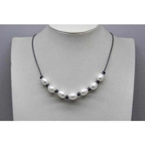 7 Beads Handmade White Freshwater Pearls and Gray Leather Necklaces 9x12mm 18INCH