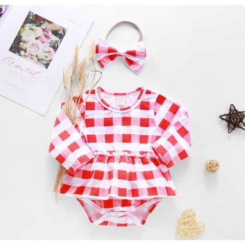 Autumn Winter Newborn Baby Jumper Girls Cloth Long Sleeve Plaid Babysuit Romper 6 12 18 16 Month Cotton Headband