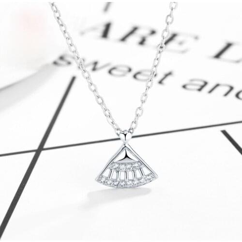 Personality Design Fan-shaped Pendant Simple Silver Plated CZ White Zircon Womens Clavicle Chain Fashion for Girlfriend Gifts