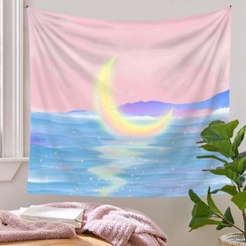 Graceful Landscape Wall Tapestry Moon Pink Comics Kawaii Room Decor Aesthetic Tapiz Psychedelic Carpet Dorm Bedroom Decoration