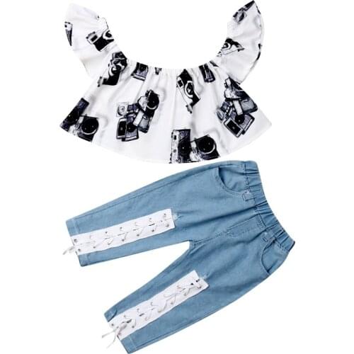 3-8Y Fashion Kids Baby Girl Off shoulder Print T-shirt Tops Bandage Denim Pant Jeans 2PCS Summer Girls Clothing Set