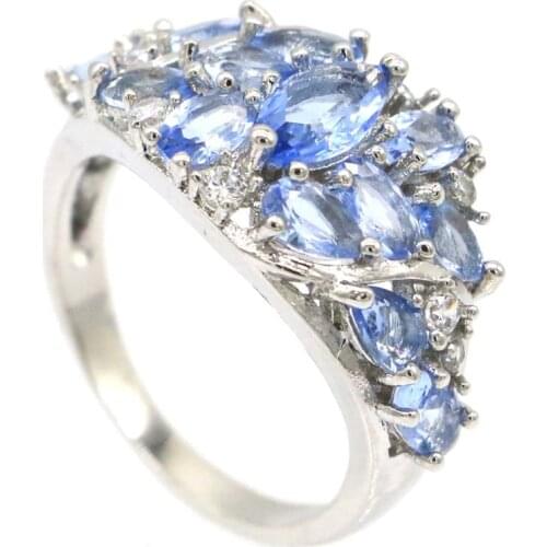 20x18mm Anniversary Created Blue Aquamarine White CZ For Ladies Dating Silver Rings Wholesale