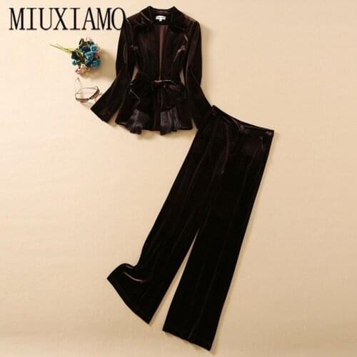 MIUXIMAO 2020 High Quality Autumn Fashion Velvety Tassel Long Sleeve Jacket +Full Length Pants Office Lady Suit Women With Belt