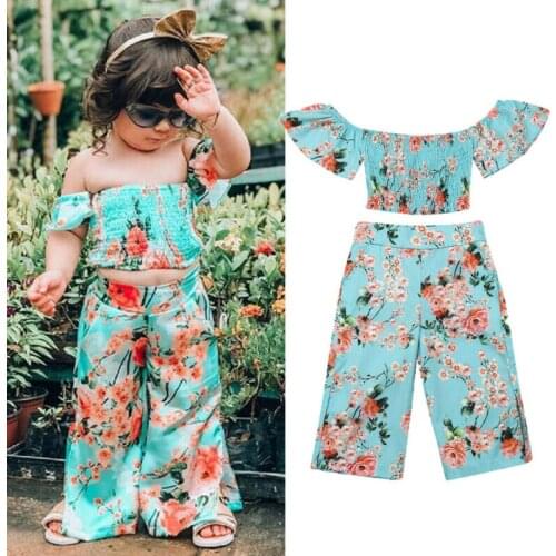 Fashion Toddler Baby Girl Floral Clothes Off Shoulder Crop Top +Wide Pants Summer 2PCS Outfit Set
