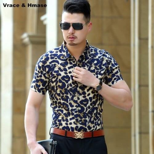 European and American style leopard printing fashion trend men shirt Summer new arrival cotton silk short sleeve shirt M-XXXL