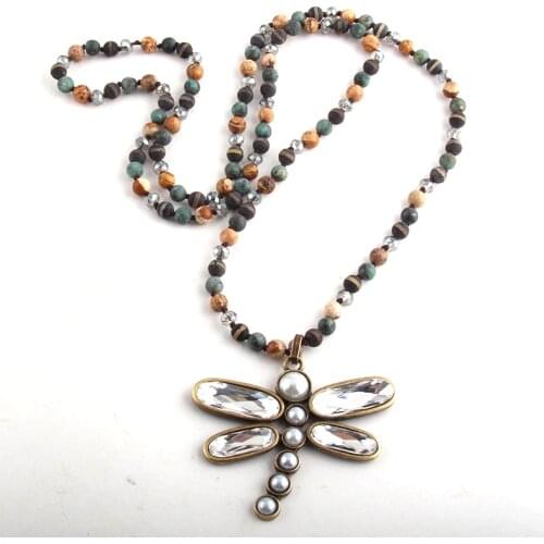 RH Fashion Bohemian Jewelry 6mm Semi Precious Stone Crystal Long Knotted Metal Dragonfly Pendant Necklaces Women Boho Necklace