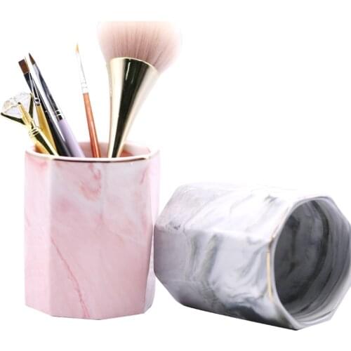 Marble Gold Foil Nail Art Brush Holder Octagonal Shape Pink Gray Brushes Organizer Pen Makeup Storage Shelf Manicure Tool