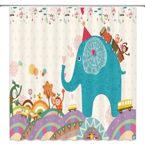 Cartoon Animal Gala Shower Curtain Happy Comic Decor Bee Train on Elephant Fish Key Festival Adornment Hanging