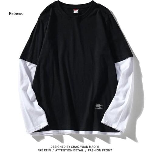 High Quality Autumn Spring Fashion Oversiz Fake Two Pieces Tshirt Mens Long Sleeve Casual o Neck T-Shirt for Man Top Tees