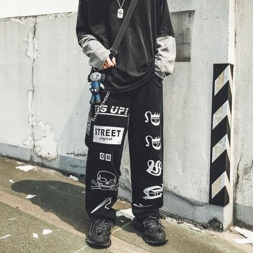 American street black hiphop jeans mens trendy text printing brand fashion thin wide-leg mopping pants